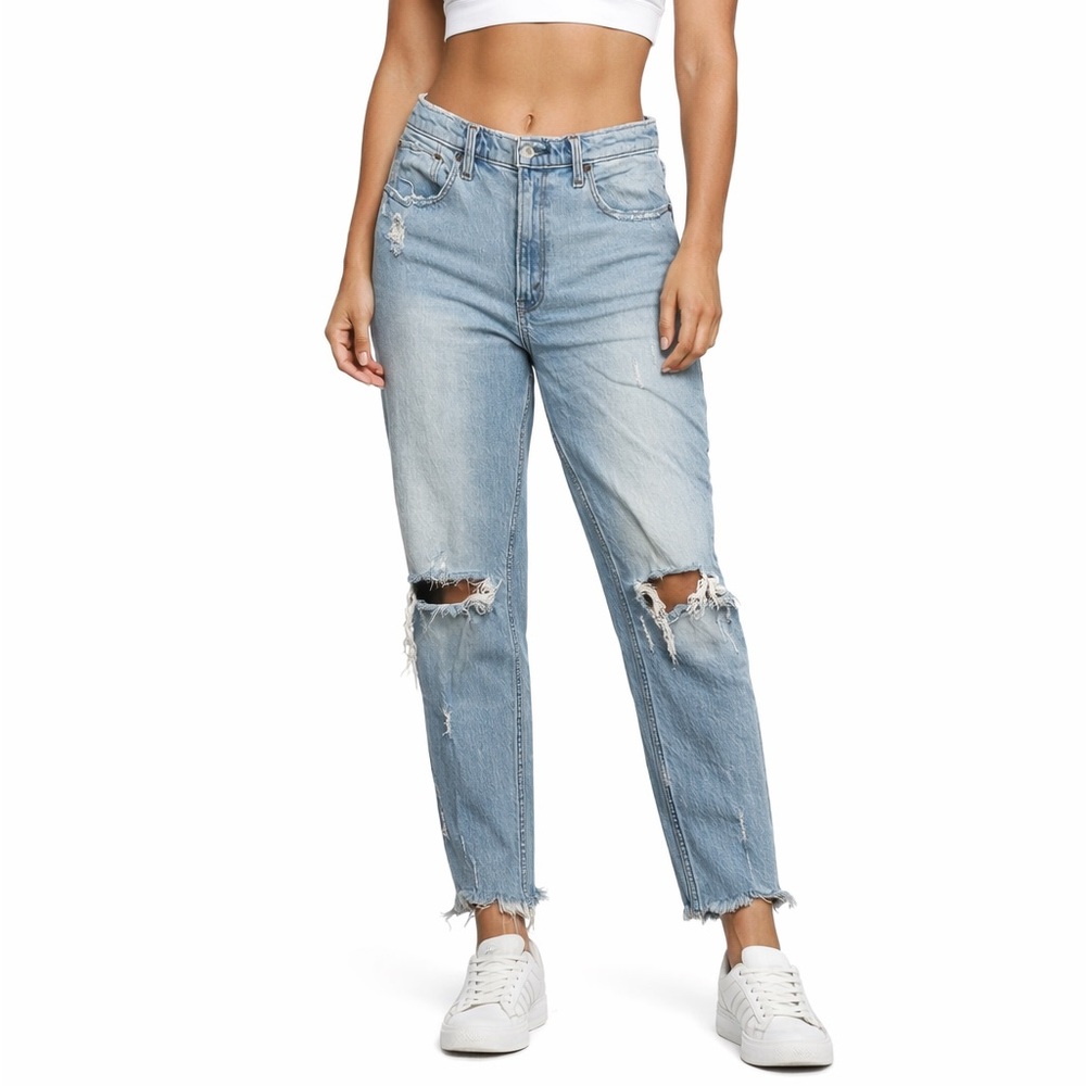 Abercrombie High Rise Mom Jeans Size 28 Distressed Light‎ Wash Raw Hem Denim